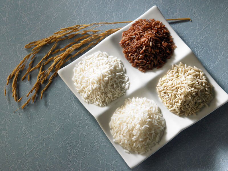 Piles of naturally gluten-free rice on a plate.