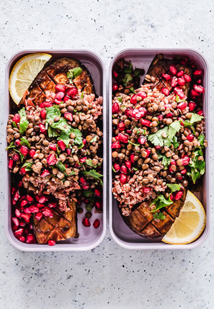 Vegan eggplant with lentils and rice