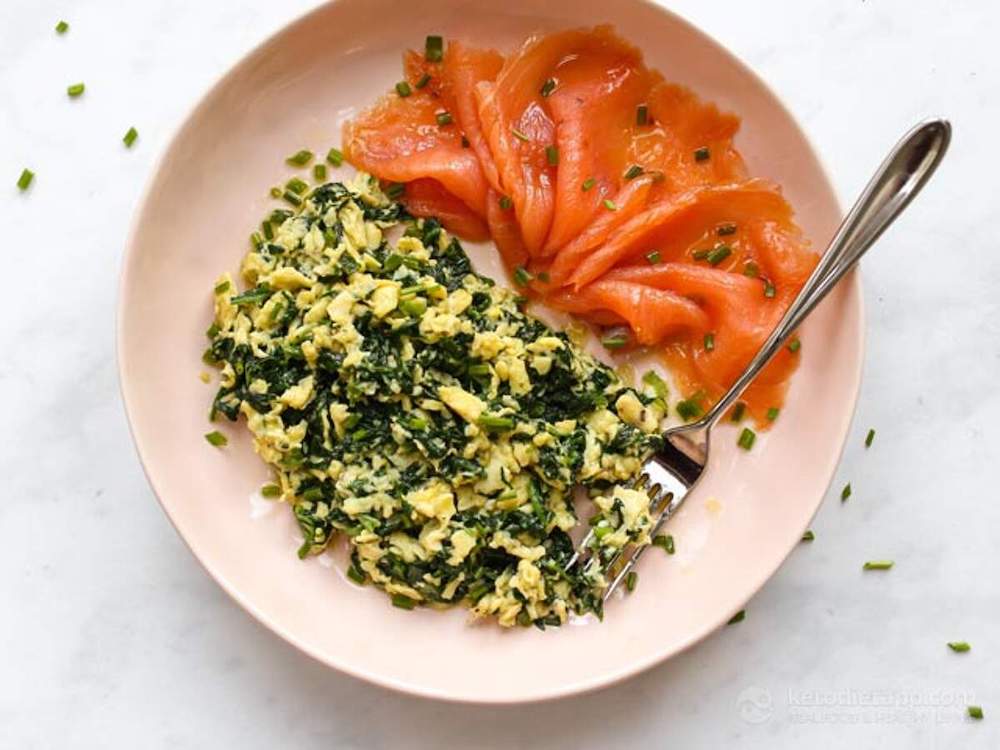 No dyes here! This keto breakfast uses spinach to bring a pop of color to your scrambled eggs.