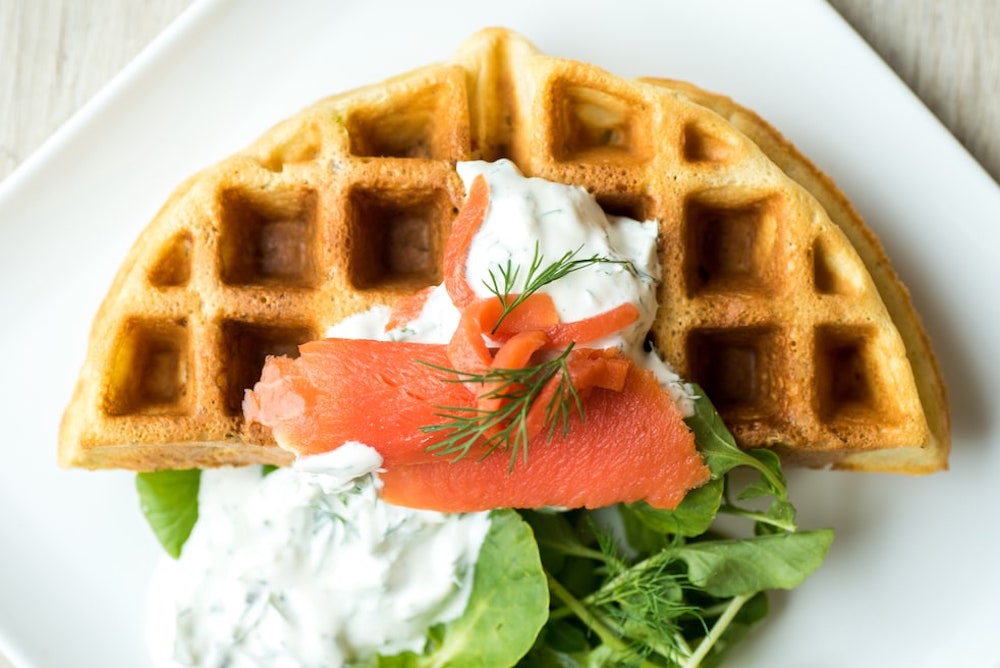 Savory waffles are a good opportunity to add vegetables and meat to your Mediterranean diet recipes.