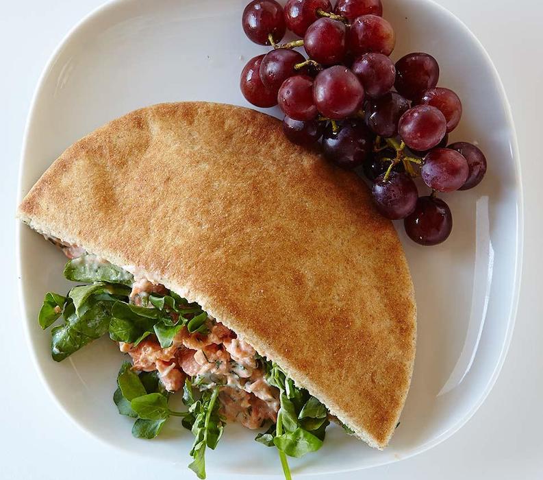 Salmon is often used in Mediterranean diets. Try this pita sandwich on for size.
