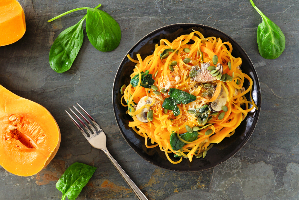 Squash and other vegetable noodles work great as a traditional pasta alternative in many Mediterranean diet recipes. 