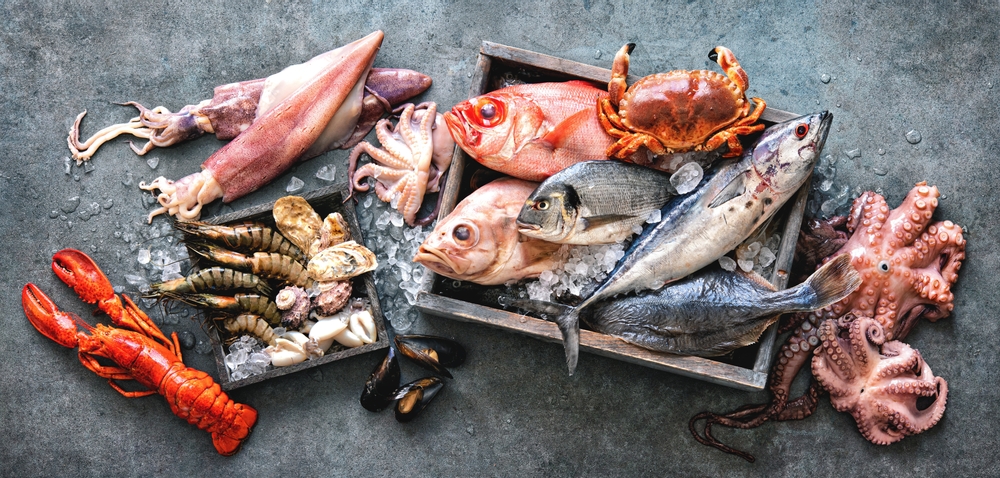 Fish and other seafood should be your main source of protein on the Mediterranean diet. 