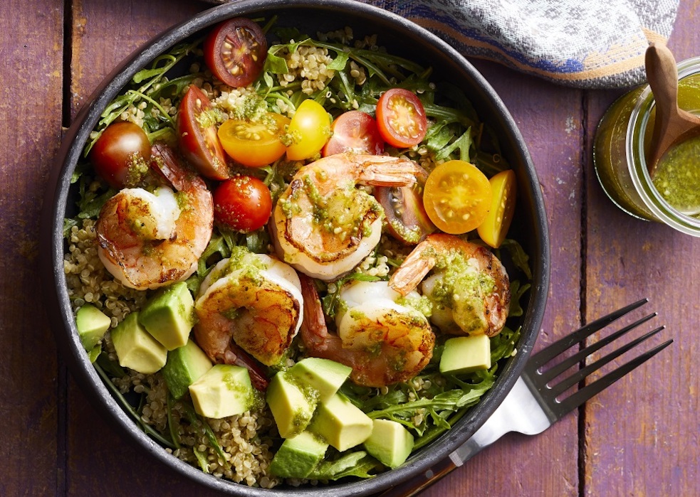 Quinoa and shrimp are high in fiber, and certainly delicious, making them a perfect, healthy Mediterranean diet dish. 