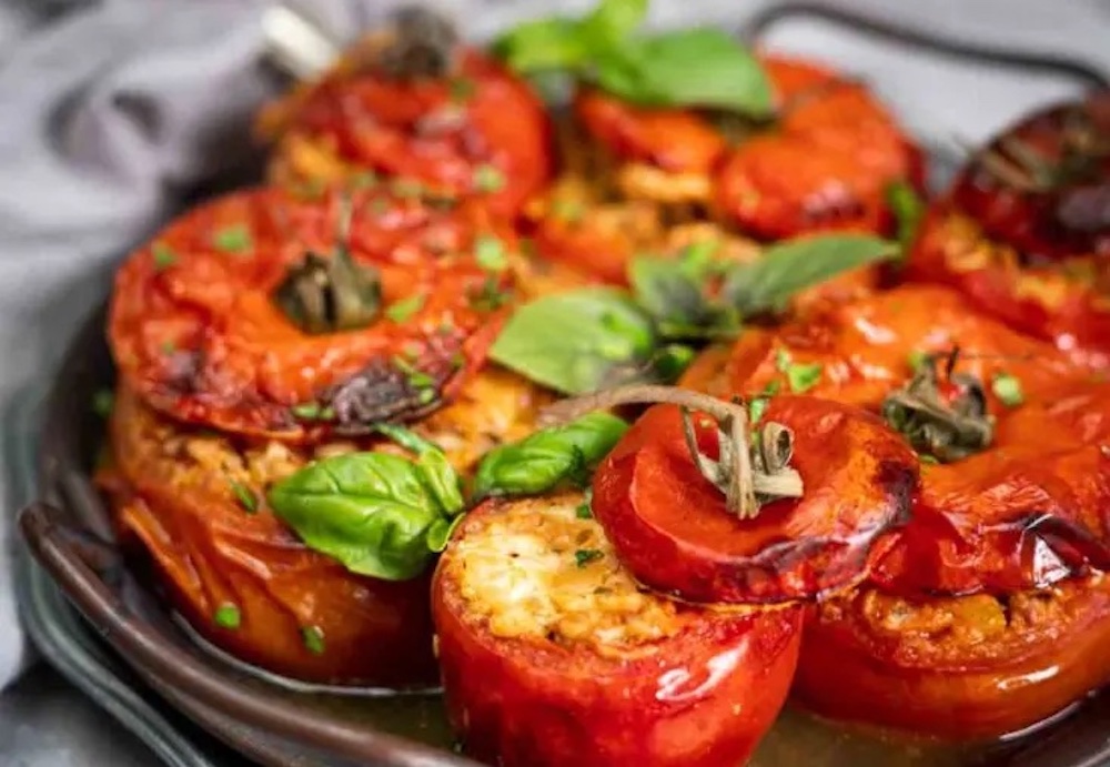 Stuffed tomatoes baked to tangy perfection.