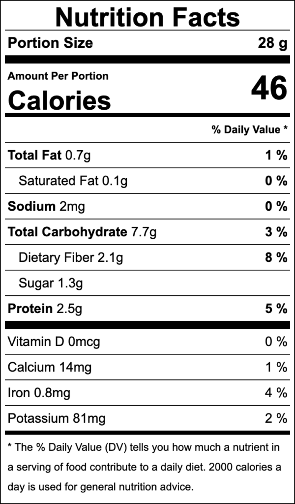 Nutrition facts for a 2 Tbsp serving of chickpeas.